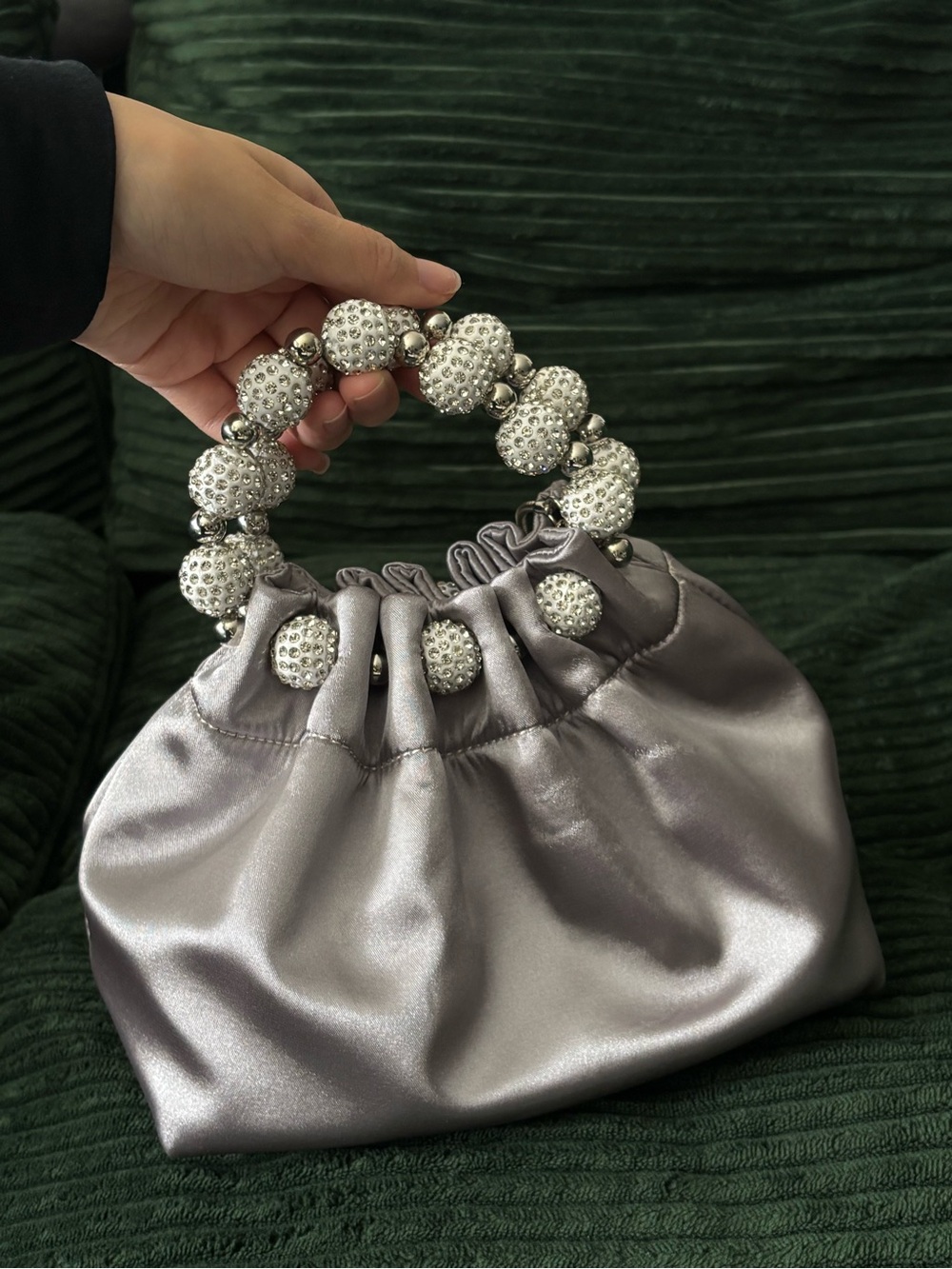 Elegant Silver Satin Beaded Handle Women's Evening Bag